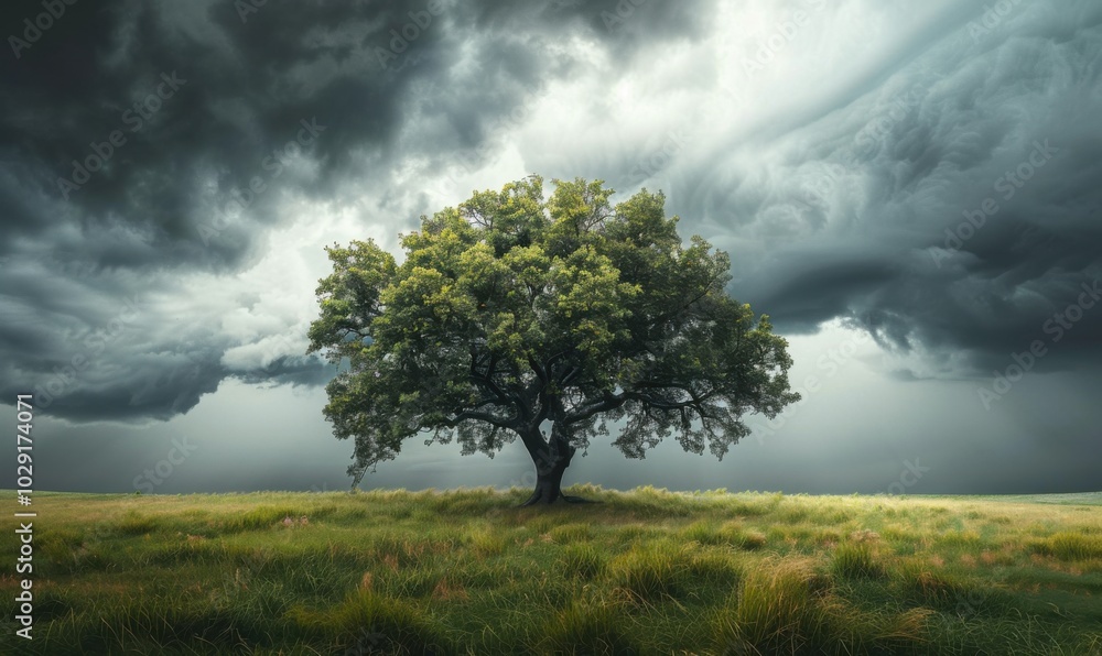 Oak tree standing alone in a field under stormy clouds, 4K hyperrealistic photo Oak tree standing alone in a field under stormy clouds, 4K hyperrealistic photo