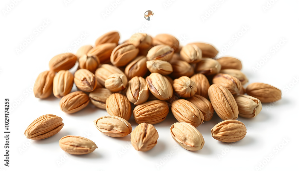 Whole, shelled and blanched almond nuts falling isolated on white background. Vertical drop isolated with white highlights, png Whole, shelled and blanched almond nuts falling isolated on white background. Vertical drop isolated with white highlights, png