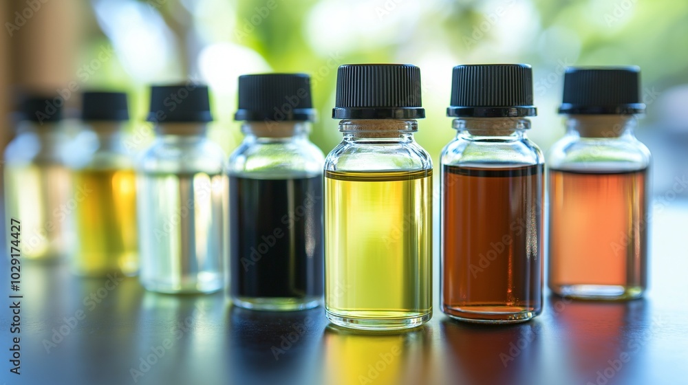 Pure essential oils in elegant bottles, reflecting different scents like peppermint and eucalyptus, conveying aromatherapy Pure essential oils in elegant bottles, reflecting different scents like peppermint and eucalyptus, conveying aromatherapy