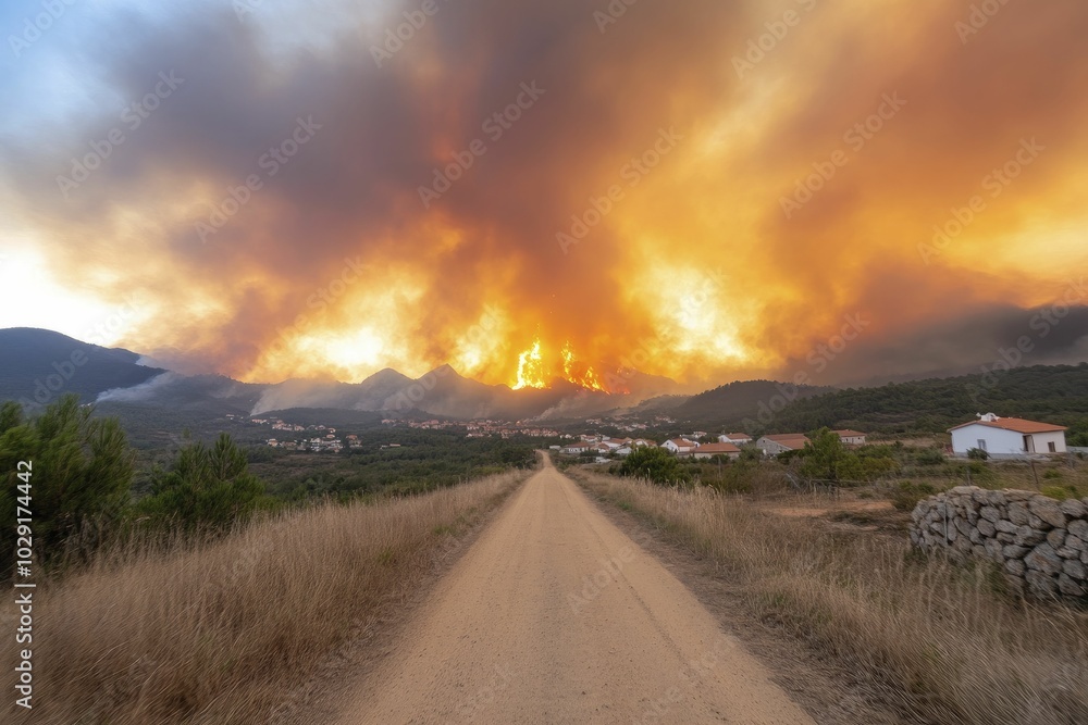 A wildfire approaching a small village, flames and smoke filling the sky, intense heat and light A wildfire approaching a small village, flames and smoke filling the sky, intense heat and light