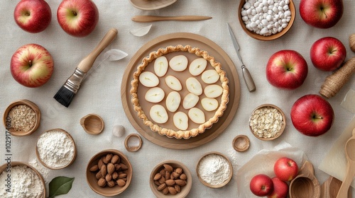 Zoomed-out view of a modern apple tart workshop, with baking tools and ingredients neatly placed on fabric-covered surfaces.