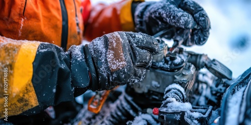 Mechanic fixing a snowmobile engine in freezing temperatures, using heavy gloves and specialized tools. photo