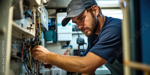 Mechanic repairing the electrical system of a boat, troubleshooting the wiring in a cramped engine room.