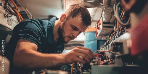 Wallpaper Mural Mechanic repairing the electrical system of a boat, troubleshooting the wiring in a cramped engine room. Torontodigital.ca