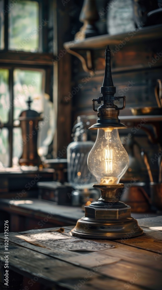 Old lamp on a wooden desk, 4K hyperrealistic photo Old lamp on a wooden desk, 4K hyperrealistic photo