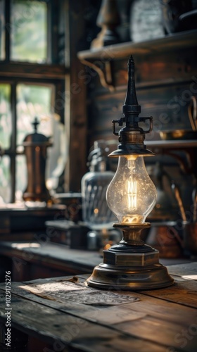 Old lamp on a wooden desk, 4K hyperrealistic photo