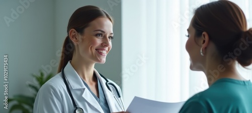 Doctor with a document and nurse in dialogue.