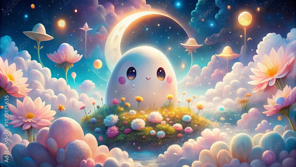 Adorable Kawaii Ghost in Whimsical Fantasy Landscape for Enchanting Stock Photography