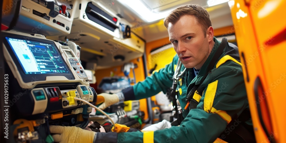 Paramedic attending to a critical patient in an ambulance, using a defibrillator as the sirens wail. Paramedic attending to a critical patient in an ambulance, using a defibrillator as the sirens wail.