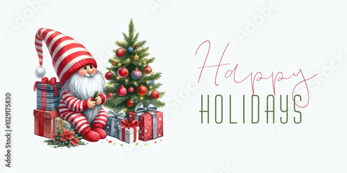 Merry Christmas watercolor card with cute Santa gnome.
