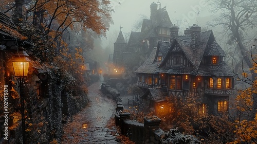 Enchanted Village in the Fog - Fantasy Architecture and Cozy Atmosphere