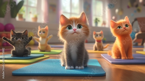 Kittens practicing yoga on mats inside a bright room. photo