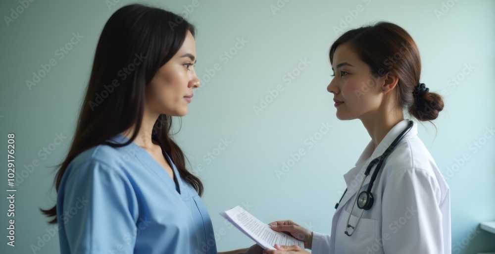 Doctor and nurse discussing medical information. Doctor and nurse discussing medical information.