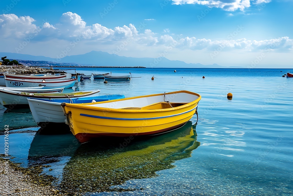 Colorful fishing boats floating on calm water on a sunny day Colorful fishing boats floating on calm water on a sunny day