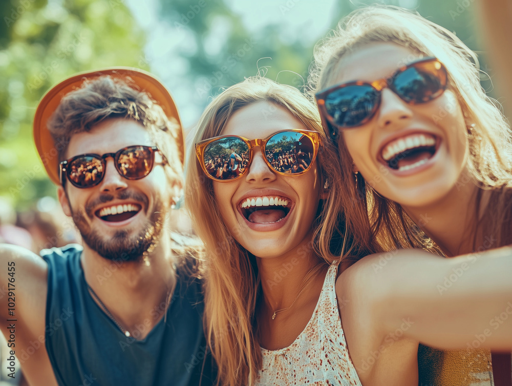 Friends attending a concert or music festival, excited and energized Friends attending a concert or music festival, excited and energized