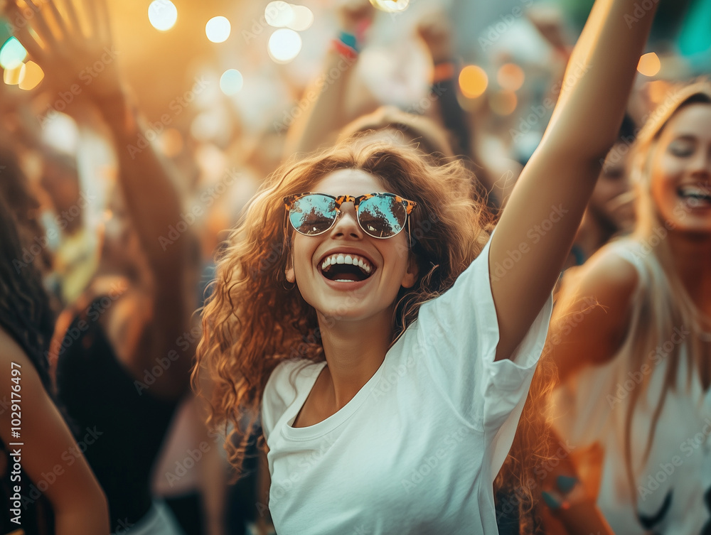 Friends attending a concert or music festival, excited and energized.A woman dances in a crowd at a music festival with arms raised Friends attending a concert or music festival, excited and energized.A woman dances in a crowd at a music festival with arms raised