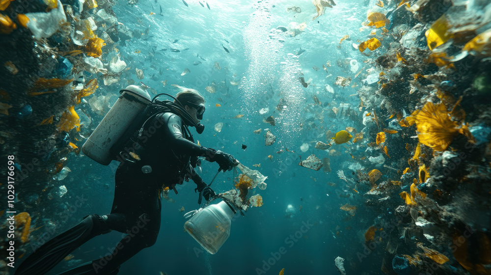 Diver cleaning ocean, surrounded by plastic waste and marine debris Diver cleaning ocean, surrounded by plastic waste and marine debris