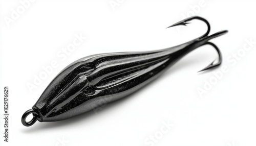 A sleek black fishing lure designed to attract fish, featuring sharp hooks for effective use in angling.