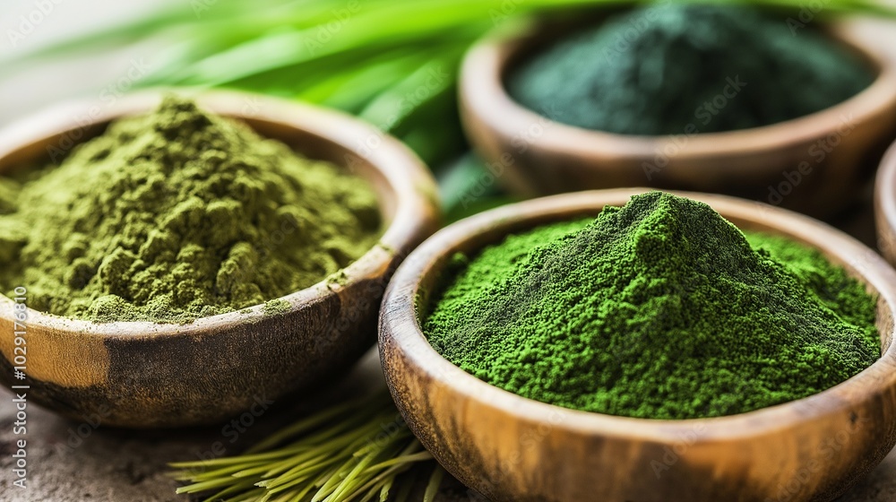 Wheatgrass and spirulina powders, illustrating wellness and vibrant health Wheatgrass and spirulina powders, illustrating wellness and vibrant health
