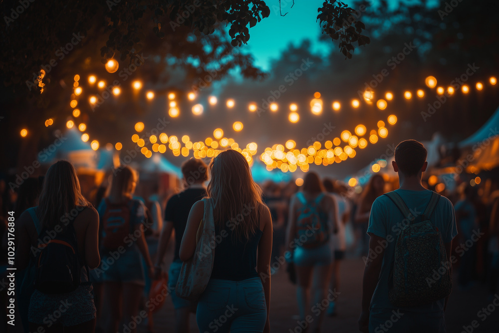 Group of friends exploring a local festival, immersed in the vibrant atmosphere.People walk down a street at night under string lights Group of friends exploring a local festival, immersed in the vibrant atmosphere.People walk down a street at night under string lights