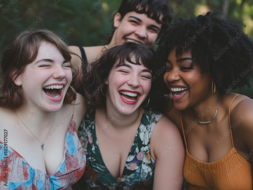 Group of friends sharing a laugh while taking a fun group photo, playful and happy.Young women are laughing and hugging each other together Group of friends sharing a laugh while taking a fun group photo, playful and happy.Young women are laughing and hugging each other together