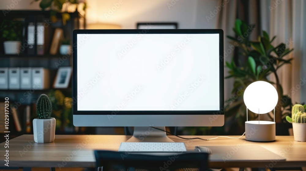 Modern Home Office Setup with Computer and Decorative Plants Modern Home Office Setup with Computer and Decorative Plants