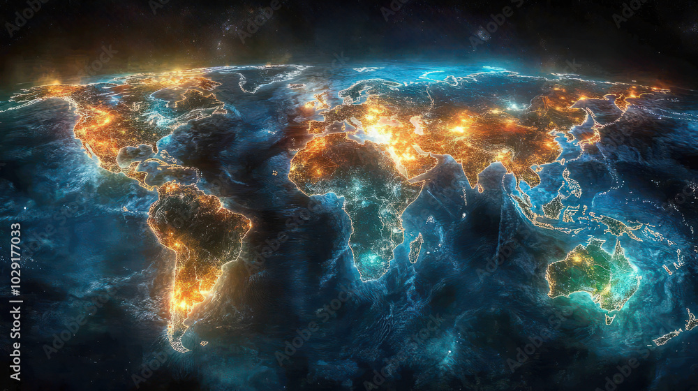 stunning visualization of Earth at night, showcasing glowing cities and vibrant landscapes across continents stunning visualization of Earth at night, showcasing glowing cities and vibrant landscapes across continents