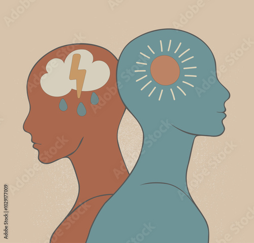 2 Head silhouette. Metaphor bipolar disorder mind mental. Double face with the symbol of a cloud rain with lightning and the sun.Mood disorder Psychology.Mental health.Split personality
