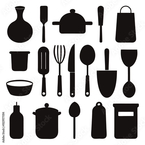 A comprehensive collection of essential kitchen tools silhouettes in vector format, perfect for culinary-themed projects, logos, and design projects. Ideal for cooking websites, apps, and promotional 