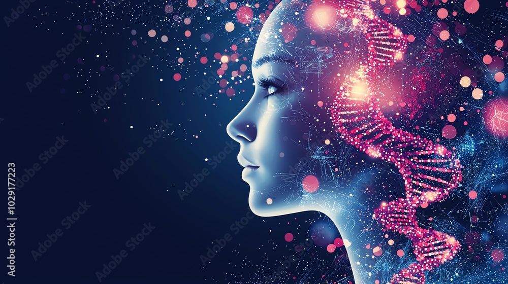 A futuristic representation of a female silhouette with a DNA strand, symbolizing science, technology, and human evolution. A futuristic representation of a female silhouette with a DNA strand, symbolizing science, technology, and human evolution.