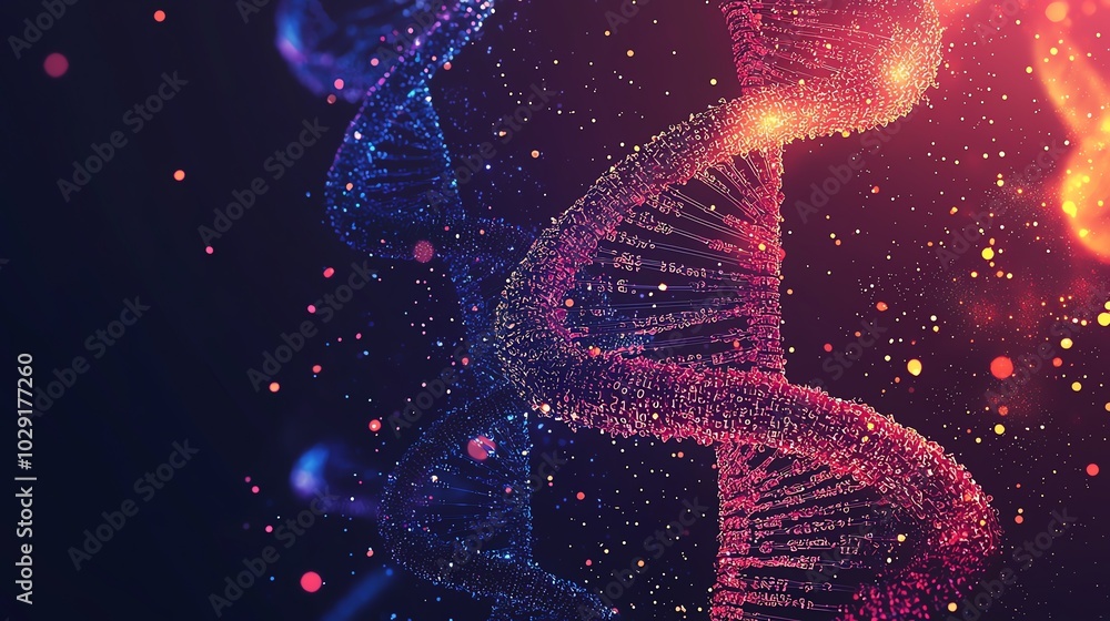A vibrant illustration of a DNA double helix, showcasing elements of science and biotechnology with colorful light effects. A vibrant illustration of a DNA double helix, showcasing elements of science and biotechnology with colorful light effects.