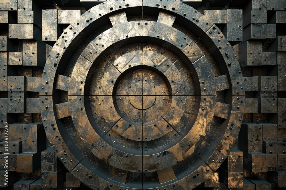 Obraz premium Abstract background with metallic circular door made of metal plates with sharp edges in the center