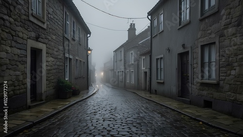 Misty Coastal Village Street – Cobblestone Path in an Isolated, Foggy Landscape