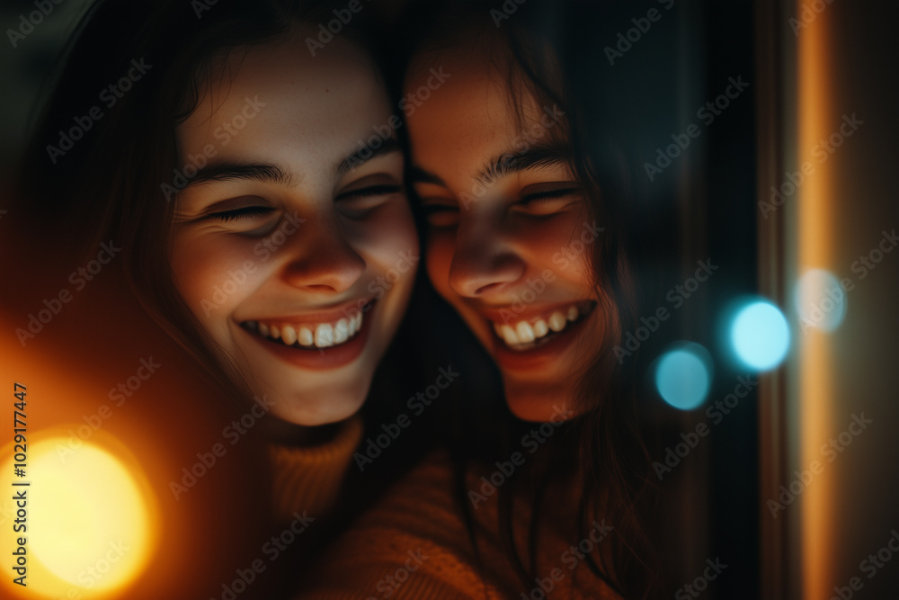 Pair of friends on a long-distance video call, catching up from different time zones, smiles lighting up their faces. . Pair of friends on a long-distance video call, catching up from different time zones, smiles lighting up their faces. .