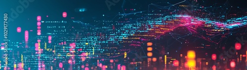 Abstract digital landscape featuring vibrant colors and flowing lines, representing technology and innovation in a dynamic visual format.