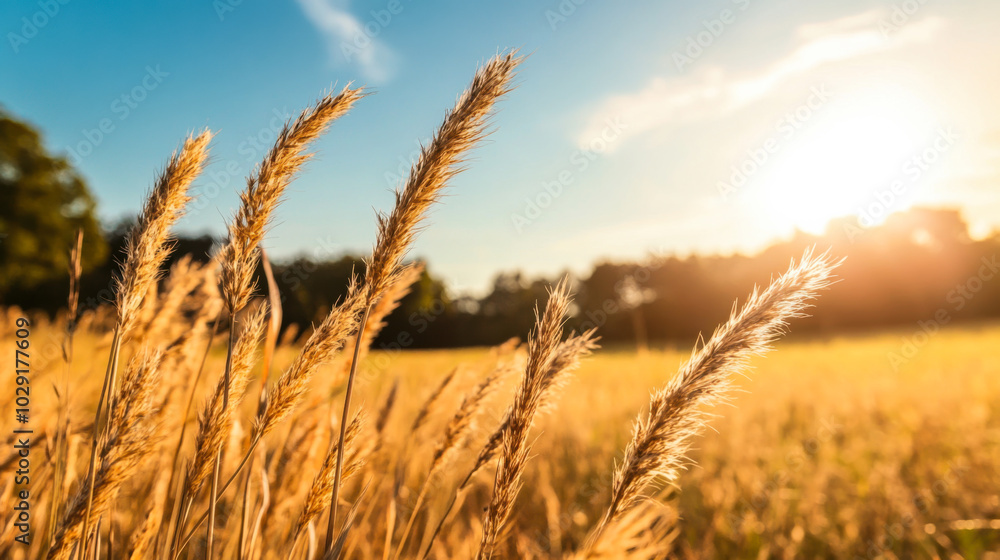 Fototapeta premium Golden grass sways gently in the warm light during sunset in a tranquil rural field