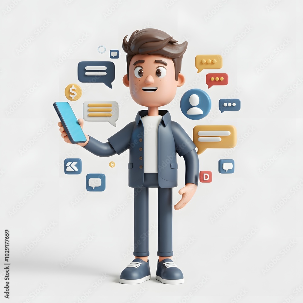 3D illustration of a character holding a smartphone, surrounded by colorful social media icons and communication symbols, set against a solid white background. Ideal for digital communication 3D illustration of a character holding a smartphone, surrounded by colorful social media icons and communication symbols, set against a solid white background. Ideal for digital communication