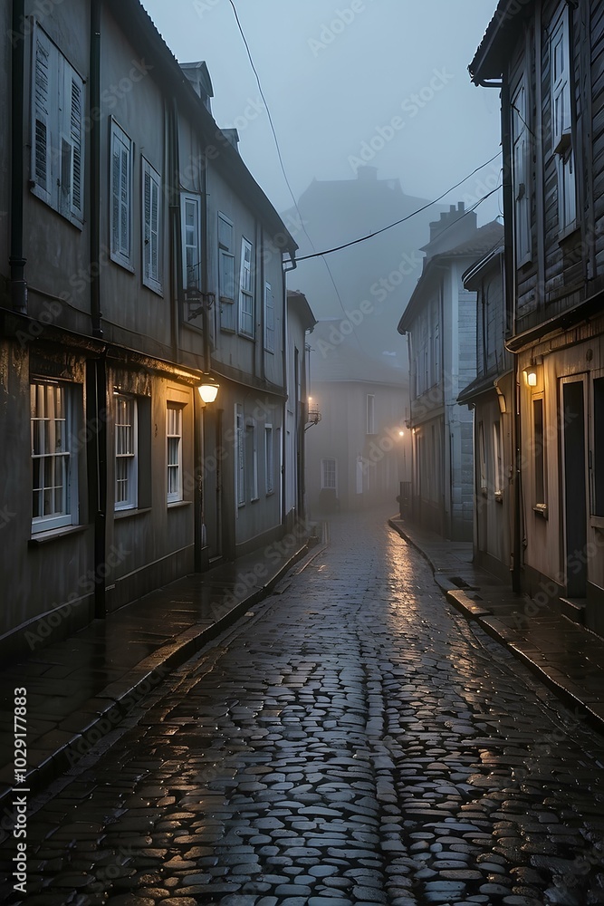 Misty Coastal Village Street – Cobblestone Path in an Isolated, Foggy Landscape Misty Coastal Village Street – Cobblestone Path in an Isolated, Foggy Landscape