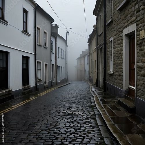 Fototapeta Naklejka Na Ścianę i Meble -  Misty Coastal Village Street – Cobblestone Path in an Isolated, Foggy Landscape