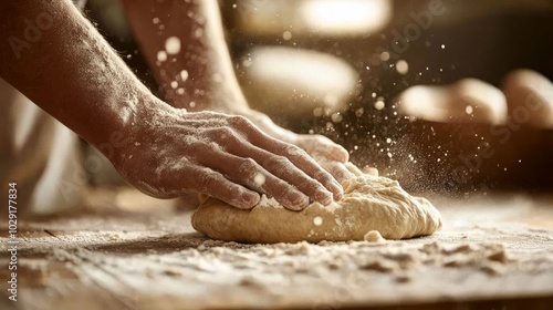 Hands kneading dough with flour
