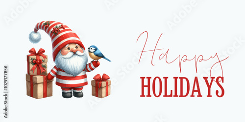 Merry Christmas watercolor card with cute Santa gnome.