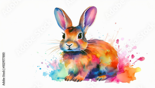 Vibrant watercolor rabbit, a splash of color!  Joyful, playful, and full of life. This artwork is a celebration of spring.