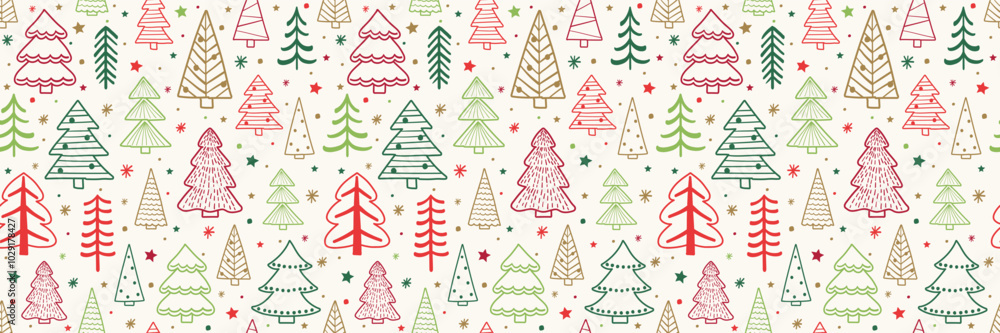 Christmas tree background. Seamless pattern design with hand drawn ornaments. Wallpaper concept. Vector illustration Christmas tree background. Seamless pattern design with hand drawn ornaments. Wallpaper concept. Vector illustration