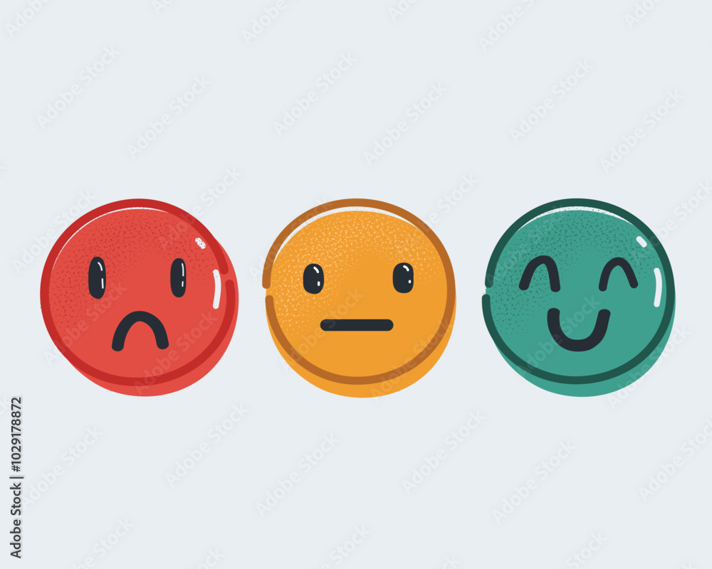 Cartoon vector illustration of three buttons with happy, neutral and sad emotion faces on white background. Cartoon vector illustration of three buttons with happy, neutral and sad emotion faces on white background.