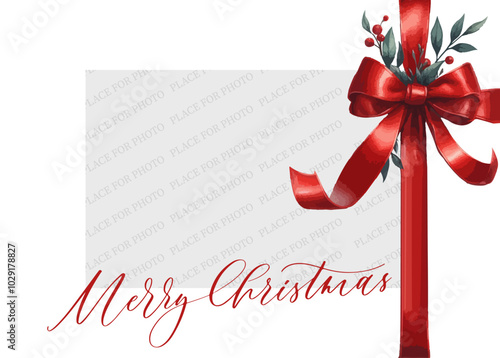 Merry Christmas. Festive Template with place for photo with watercolor ribbon and bow.