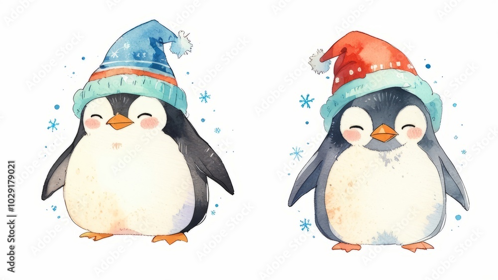 Two penguins in a Santa hat on a former background. Christmas watercolor postcard. Two penguins in a Santa hat on a former background. Christmas watercolor postcard.
