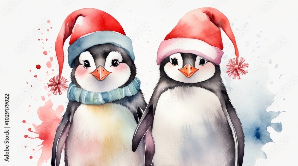 Two penguins in a Santa hat on a former background. Christmas watercolor postcard. Two penguins in a Santa hat on a former background. Christmas watercolor postcard.