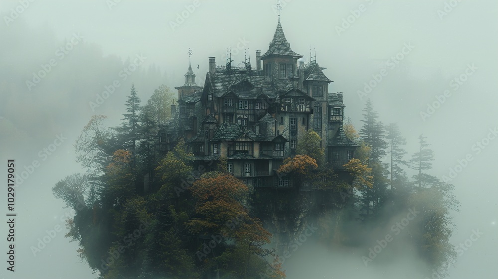 Enchanted Castle in the Mist - A Mystical Forest Landscape Enchanted Castle in the Mist - A Mystical Forest Landscape