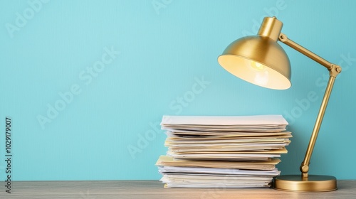 A stylish gold desk lamp illuminating a stack of papers on a wooden table against a turquoise background.