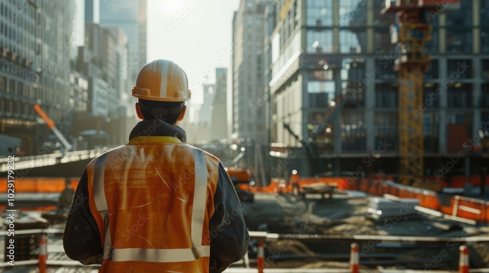 Construction Worker Overlooking Urban Building Site at Sunrise Construction Worker Overlooking Urban Building Site at Sunrise